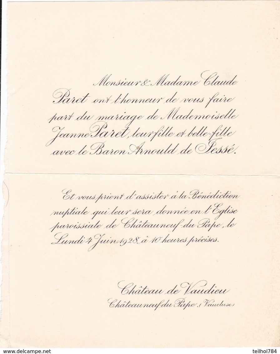 CHATEAU DE VAUDIEU CHATEAUNEUD DU PAPE VAUCLUSE - FAIRE PART DE MARIAGE DE Melle JEANNE PARET (1928) - Hochzeit