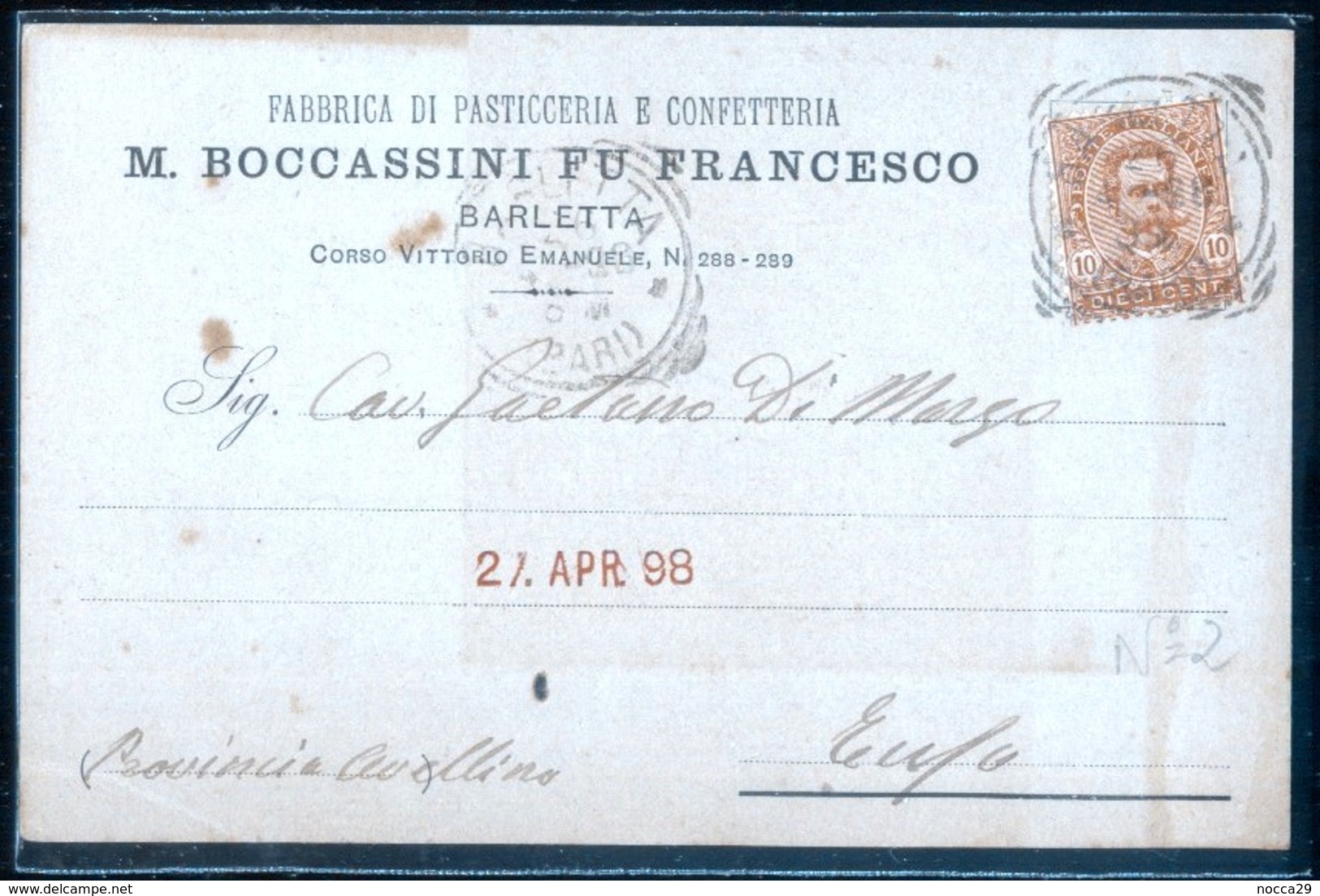 BARLETTA - 1898 - CARTOLINA COMMERCIALE - BOCCASSINI - PASTICCERIA CONFETTERIA - Negozi