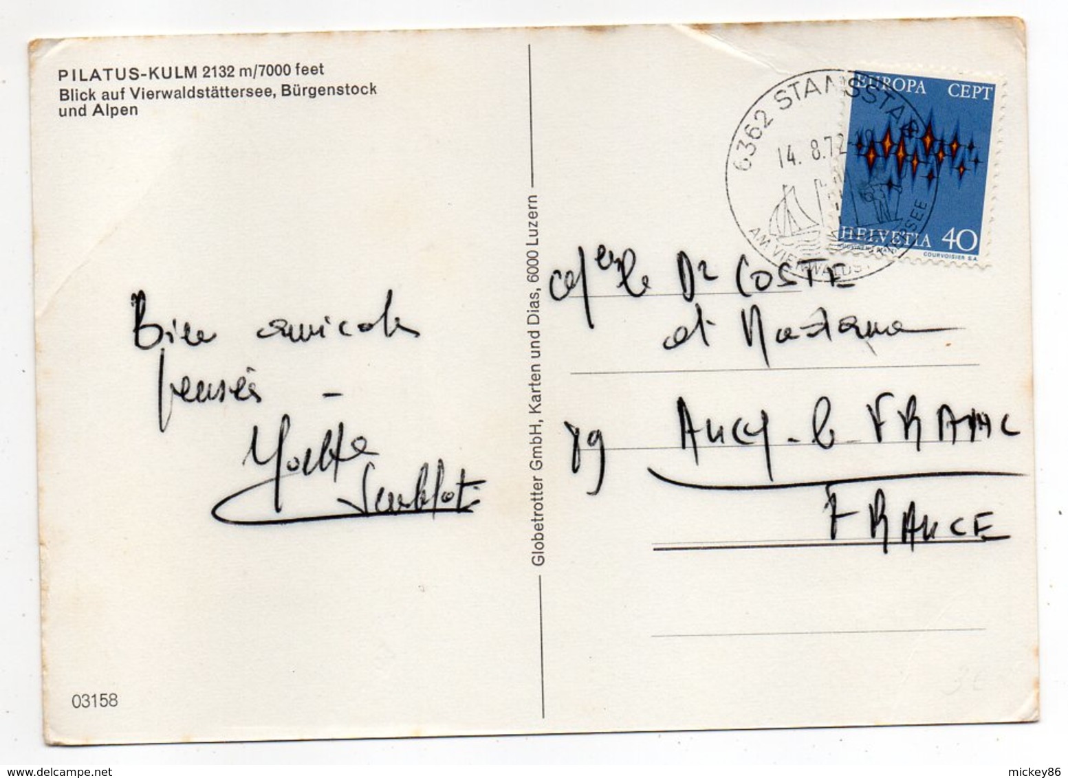 Suisse-LU-KRIENS-1972-PILATUS-KULM 2132m-timbre EUROPA --cachet STANSSTAD - Kriens