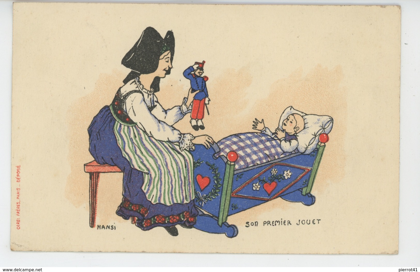 Illustrateur HANSI - Jolie Carte Fantaisie Femme ALSACIENNE Avec Bébé Et Poupée Poilu  "Son Premier Jouet " - Hansi