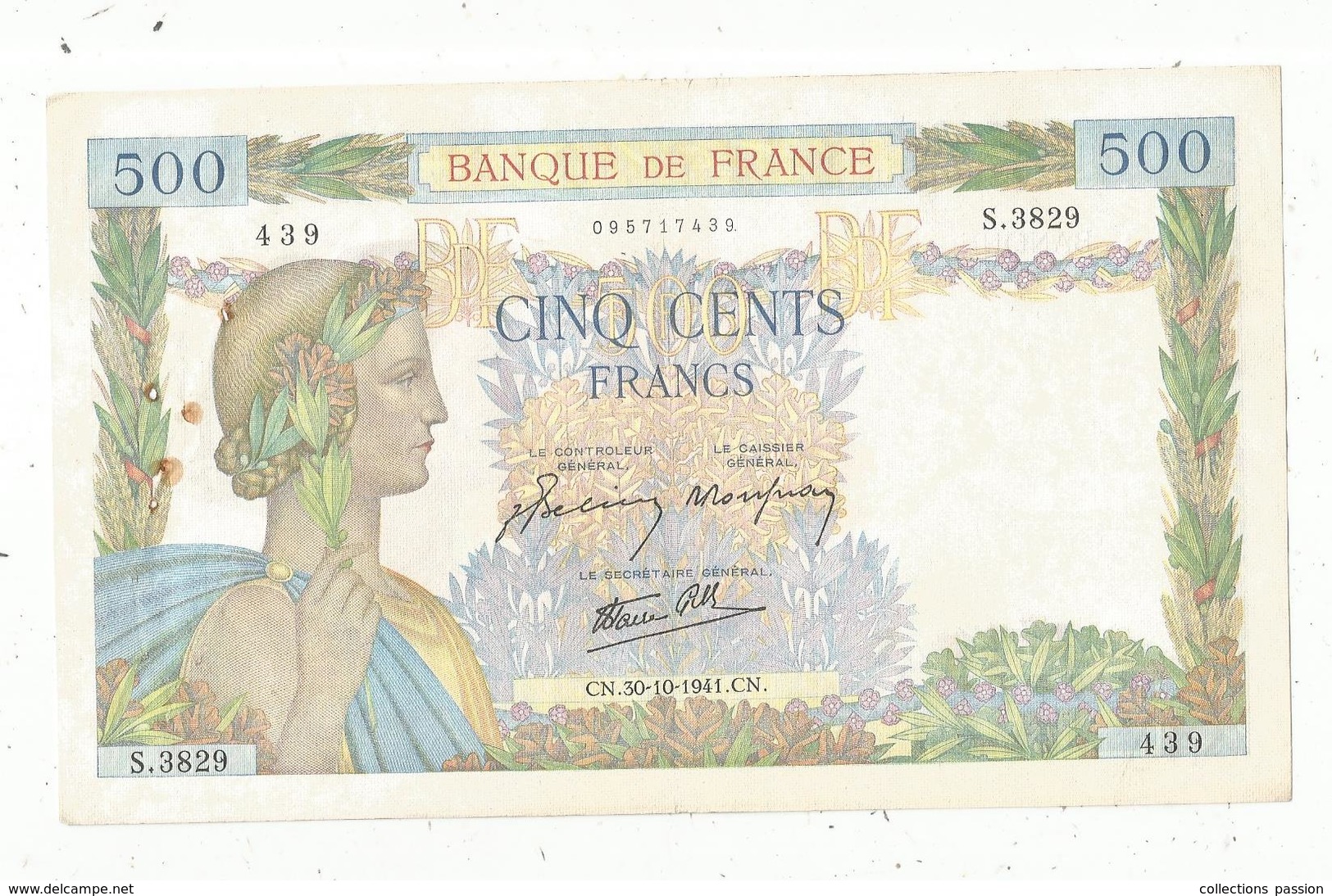 Billet , France , 500, Cinq Cents Francs, La Paix , 30-10-1941 , 2 Scans, Frais Fr 1.95 E - 500 F 1940-1944 ''La Paix''