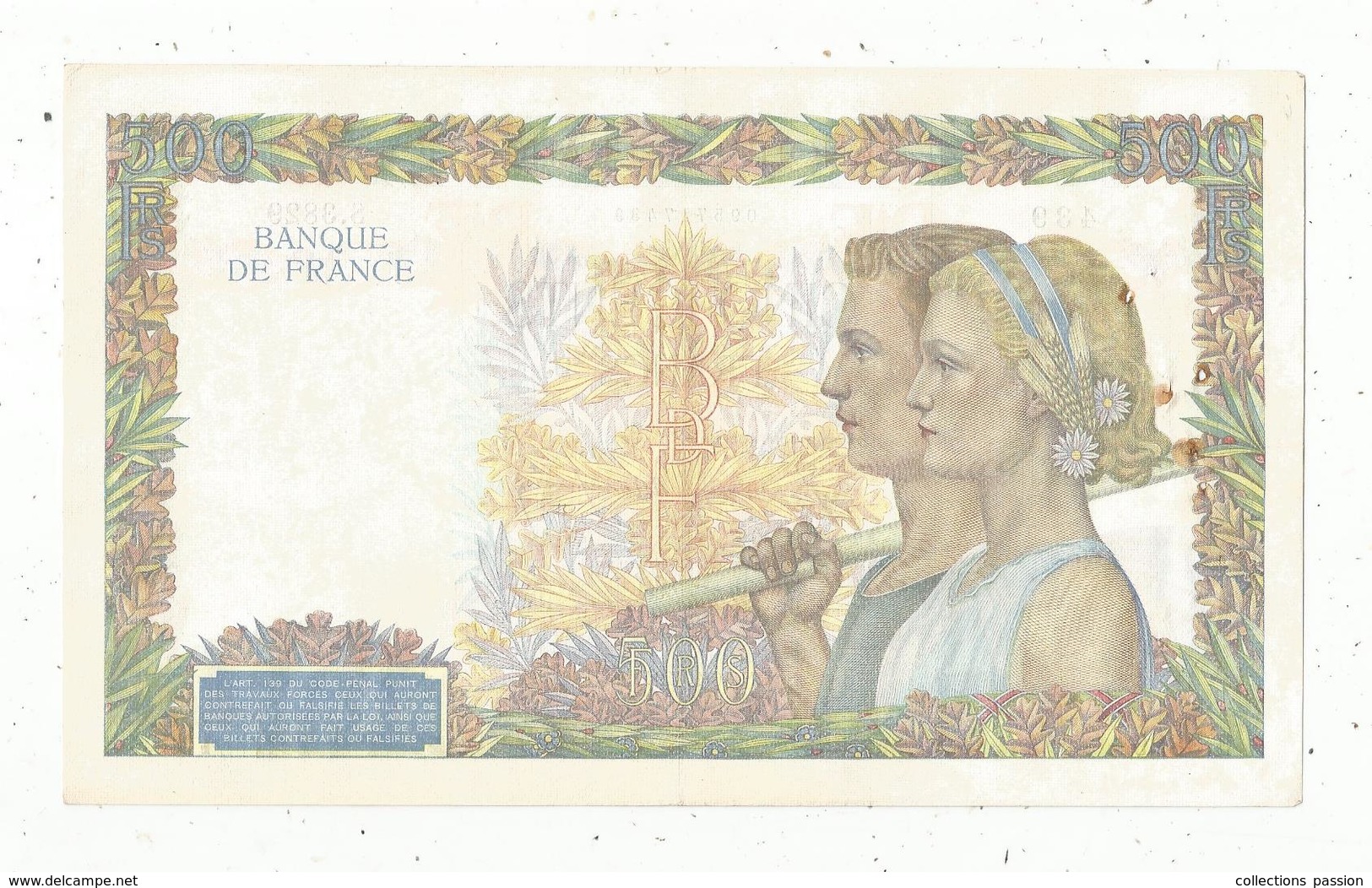 Billet , France , 500, Cinq Cents Francs, La Paix , 30-10-1941 , 2 Scans, Frais Fr 1.95 E - 500 F 1940-1944 ''La Paix''