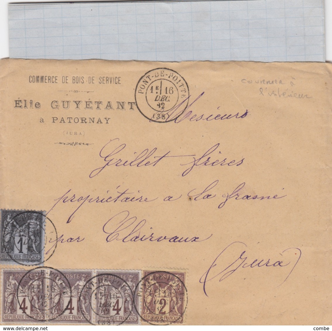 LETTRE. COVER. FRANCE 1882.  SAGE 1+4+4+4+2c. PATORNAY PONT DE POITTE JURA TO CLAIRVAUX.  /    3 - Autres & Non Classés