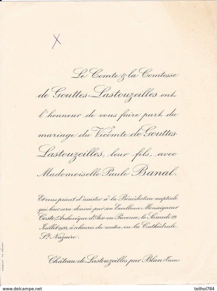 CHATEAU DE LASTOUZEILLES PAR BLAN TARN - FAIRE PART DE MARIAGE DU VICOMTE DE GOUTTES LASTOUZEILLES (1933) - Boda