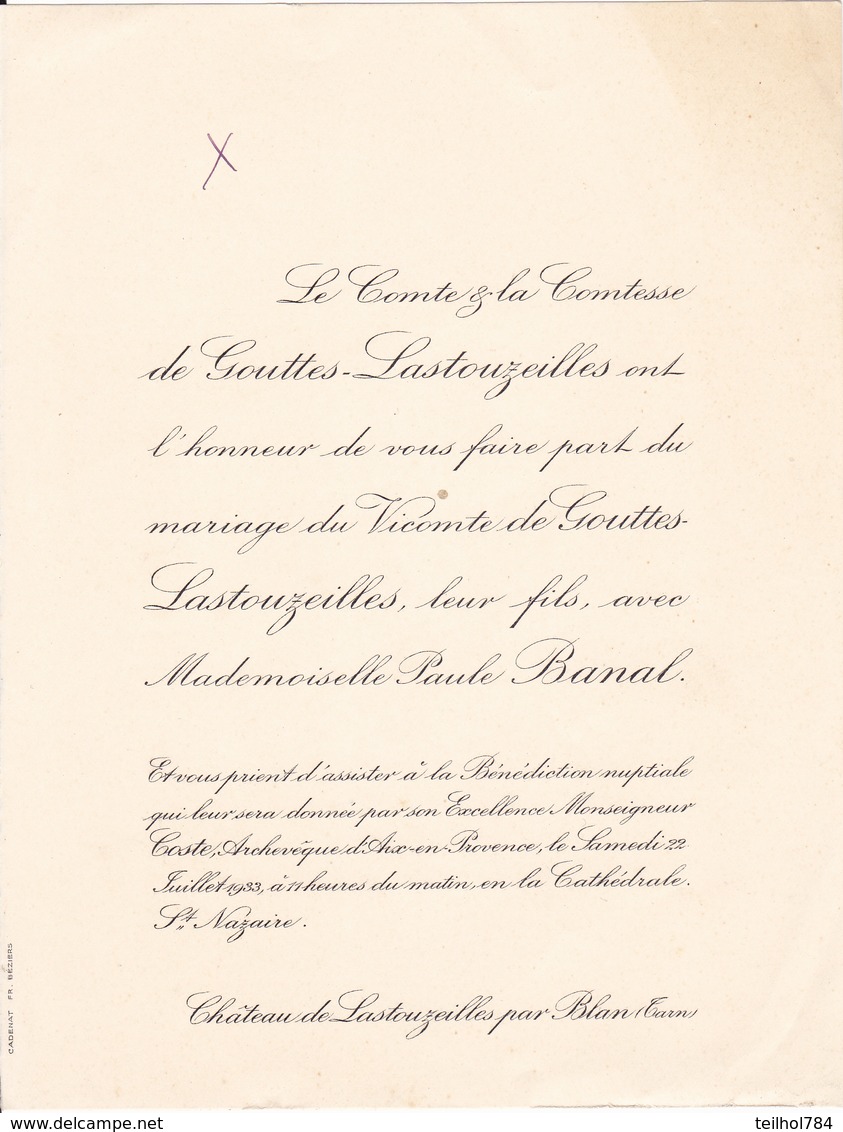 CHATEAU DE LASTOUZEILLES PAR BLAN TARN - FAIRE PART DE MARIAGE DU VICOMTE DE GOUTTES LASTOUZEILLES (1933) - Mariage