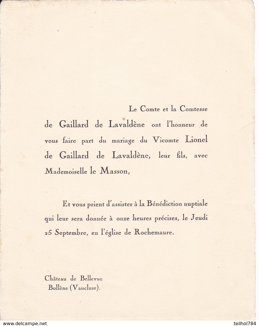 CHATEAU DE BELLEVUE BOLLENE VAUCLUSE - FAIRE PART DE MARIAGE DU VICOMTE LIONEL DE GAILLARD DE LAVALDENE - Mariage