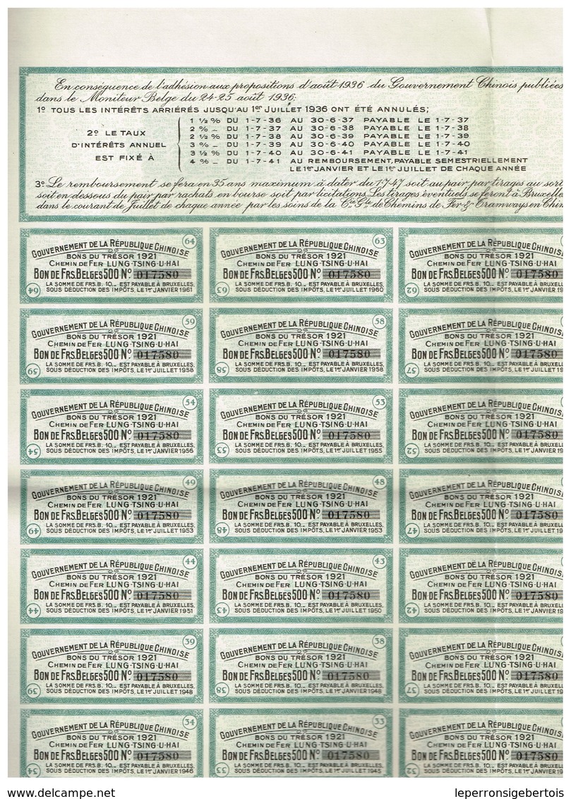 Obligation  - Gouvernement De La République Chinoise - Bon Du Trésor 8% De 1921 - Chemin De Fer De Lung-Tsing-U-Haî - Asie