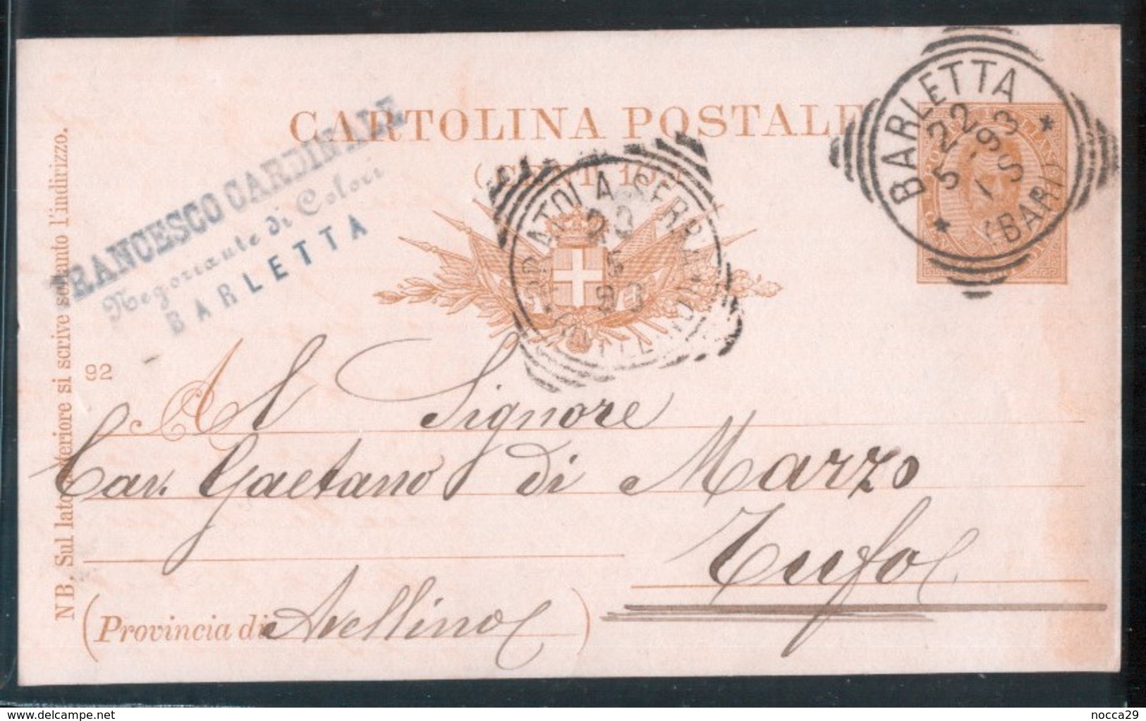 BARLETTA - 1893 - CARTOLINA COMMERCIALE - TIMBRO FRANCESCO CARDINALE - Shops