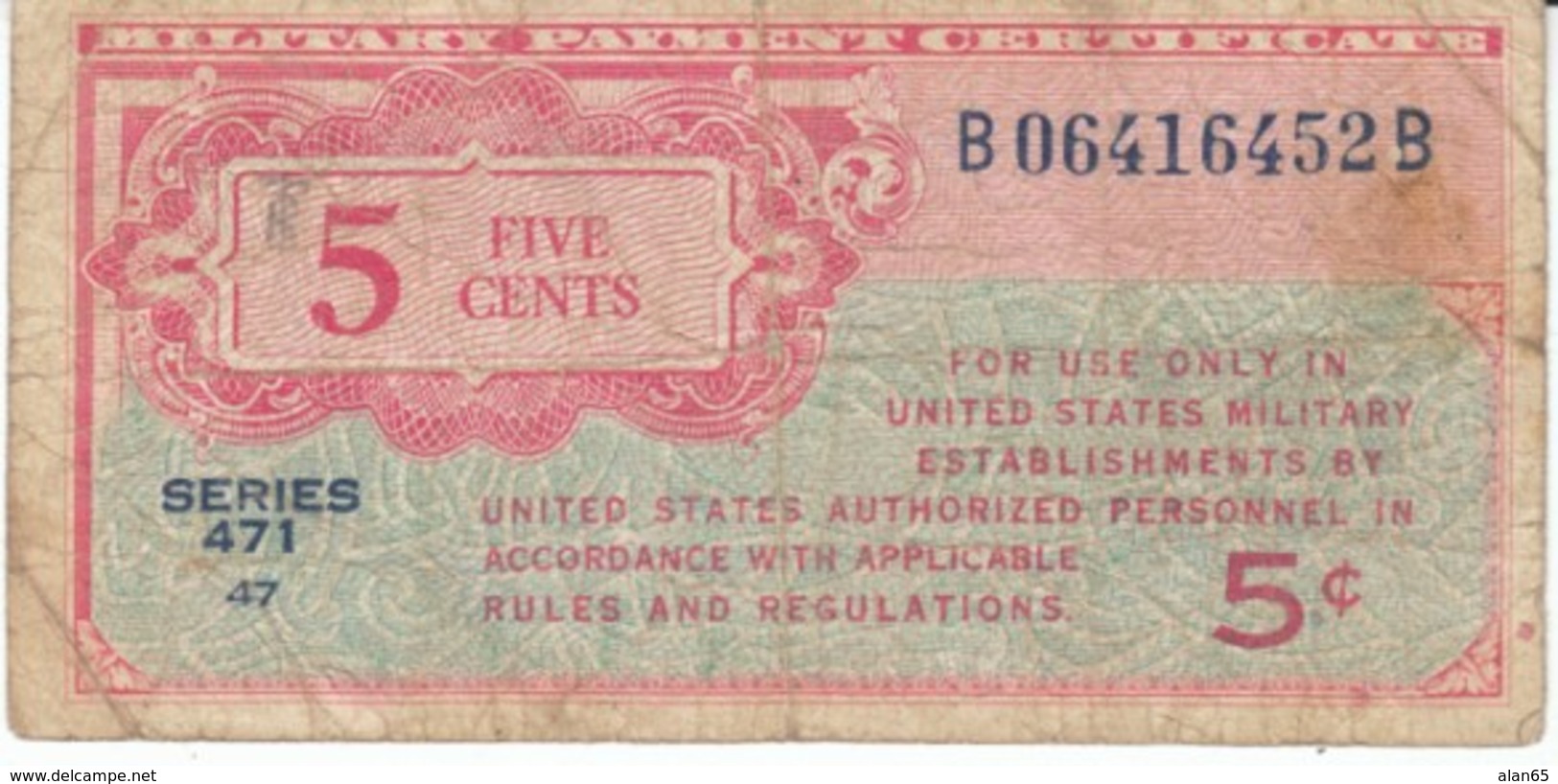 #M8 5-cent Military Payment Certificate MPC Series 471, 1947-1948 Money Currency - 1947-1948 - Reeksen 471