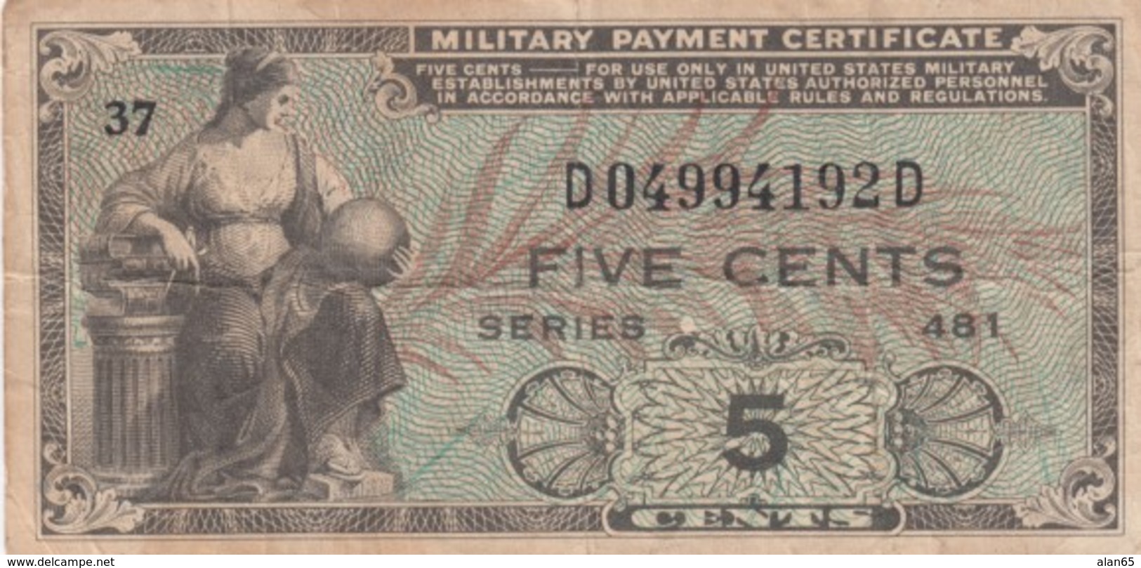 #M22 5-cent Military Payment Certificate MPC Series 481, 1951-1954 Korean War Era Money Currency - 1951-1954 - Reeksen 481