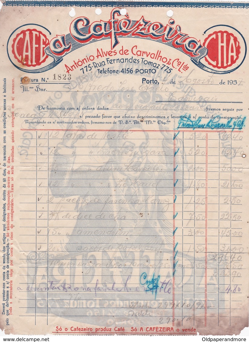 PORTUGAL COMMERCIAL INVOICE  - PORTO - A CAFEZEIRA - CAFÉ - CHÃ - COFFEE - 1937 - Portugal