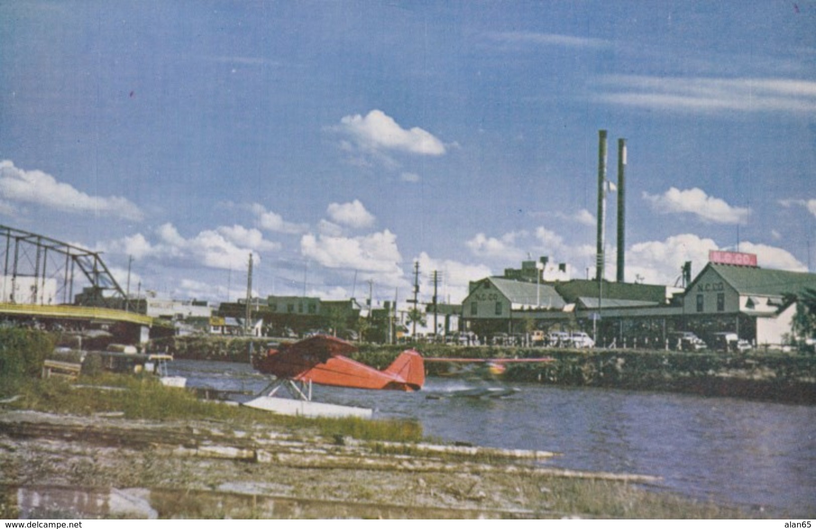 Fairbanks Alaska, Sea-plane Taking Off From Chena River, Front Street In Background, C1950s Vintage Postcard - Fairbanks