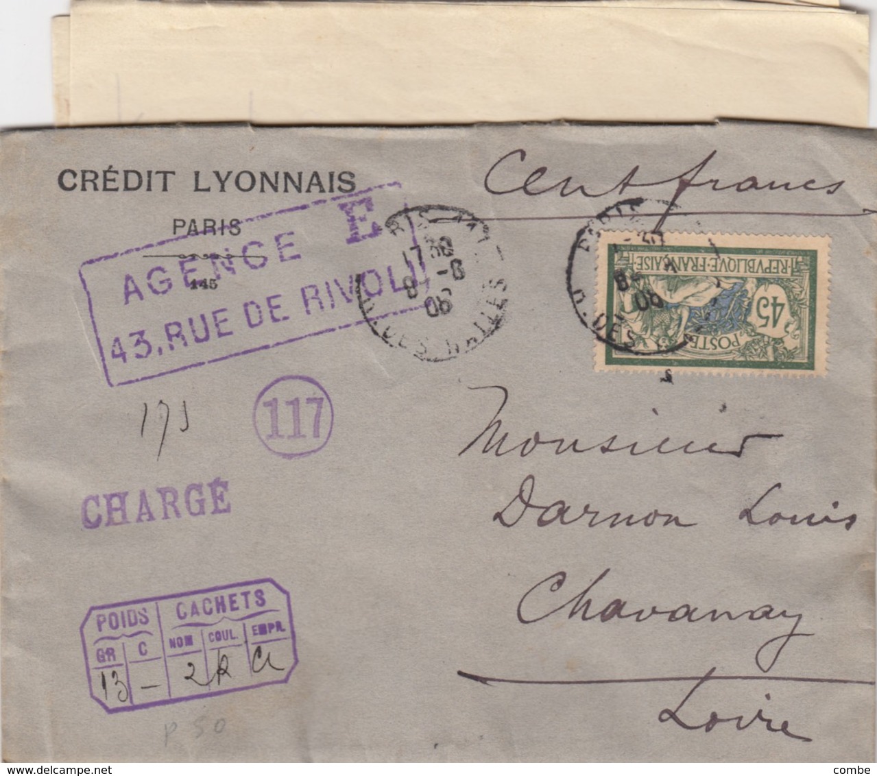 LETTRE. COVER. FRANCE. 1906. CHARGÉ 100F. CREDIT LYONNAIS PARIS TO CHAVANAY LOIRE + BORDEREAU D'ENVOI DE FONDS   /    4 - Sonstige & Ohne Zuordnung