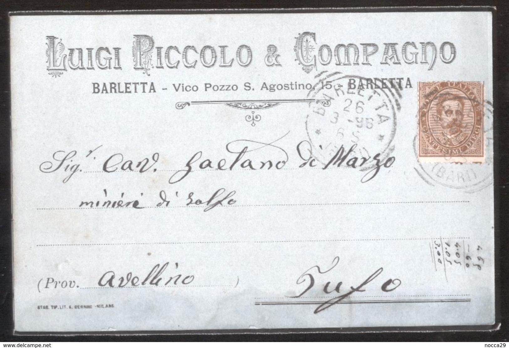 BARLETTA - 1896 - CARTOLINA COMMERCIALE - LUIGI PICCOLO E COMPAGNO - VICO POZZO S.AGOSTINO - Negozi