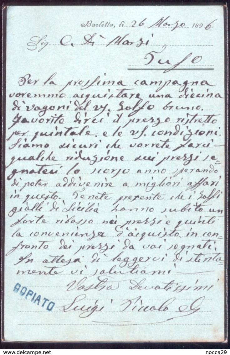 BARLETTA - 1896 - CARTOLINA COMMERCIALE - LUIGI PICCOLO E COMPAGNO - VICO POZZO S.AGOSTINO - Negozi