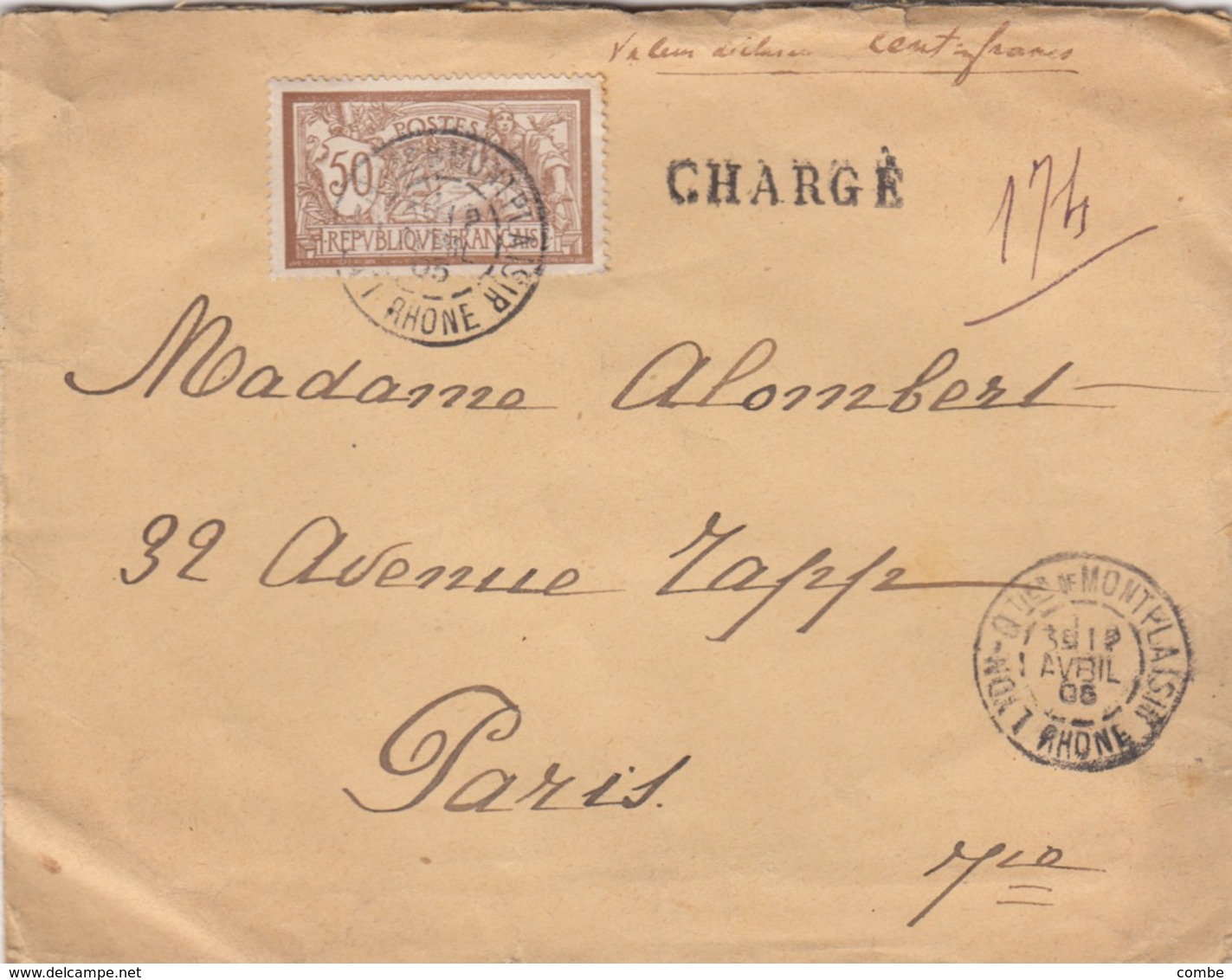 LETTRE. COVER. FRANCE. 1905. CHARGÉ 100F.  LYON TO PARIS   /    4 - Sonstige & Ohne Zuordnung