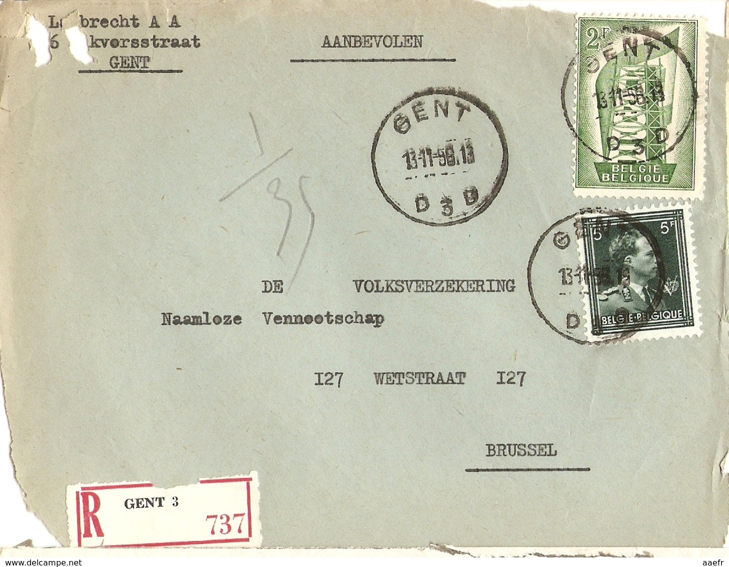 Belgique 1956 - Devant D'enveloppe  Recommandée GENT - Flandre Orientale -  Léopold Col Ouvert V - Europa - Cob 696, 994 - Lettres & Documents