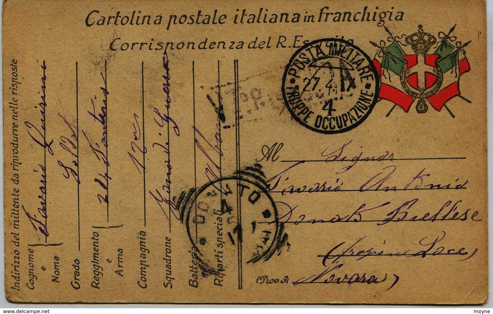 4216 - Italie - Militaria - CARTOLINA In FRANCHIGIA - CENSURE - Trouppe Occupazione  NOVARA   Circulée En 1917 - Sonstige & Ohne Zuordnung