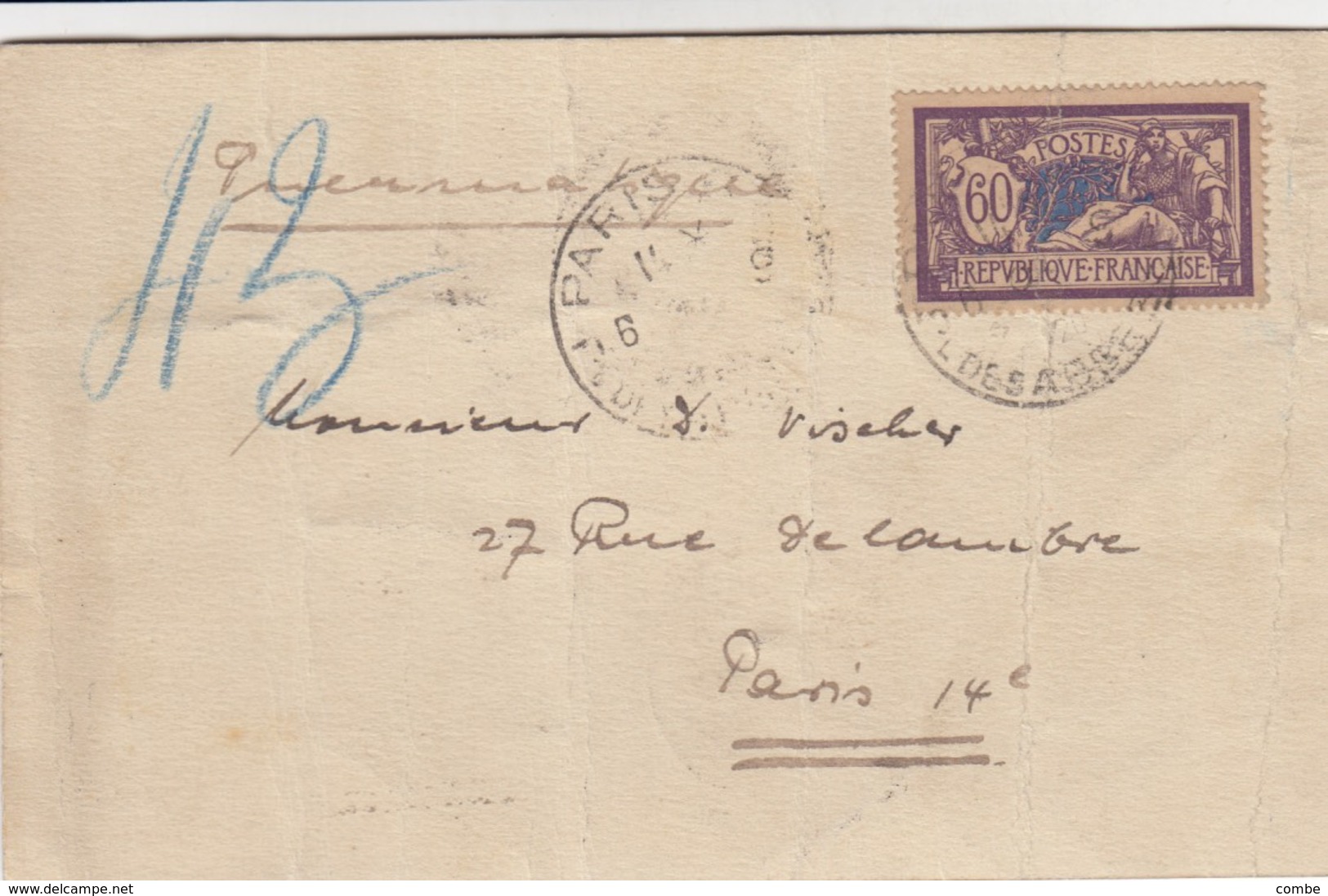 LETTRE. COVER. FRANCE. 1920. N° 144 MERSON 60c PNEUMATIQUE   /    4 - Sonstige & Ohne Zuordnung