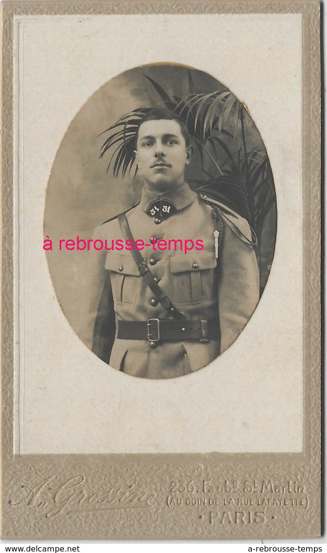 CDV Soldat 31e Régiment-photo A. Grossin Au Coin De La Rue Lafayette-bel état - Guerre, Militaire