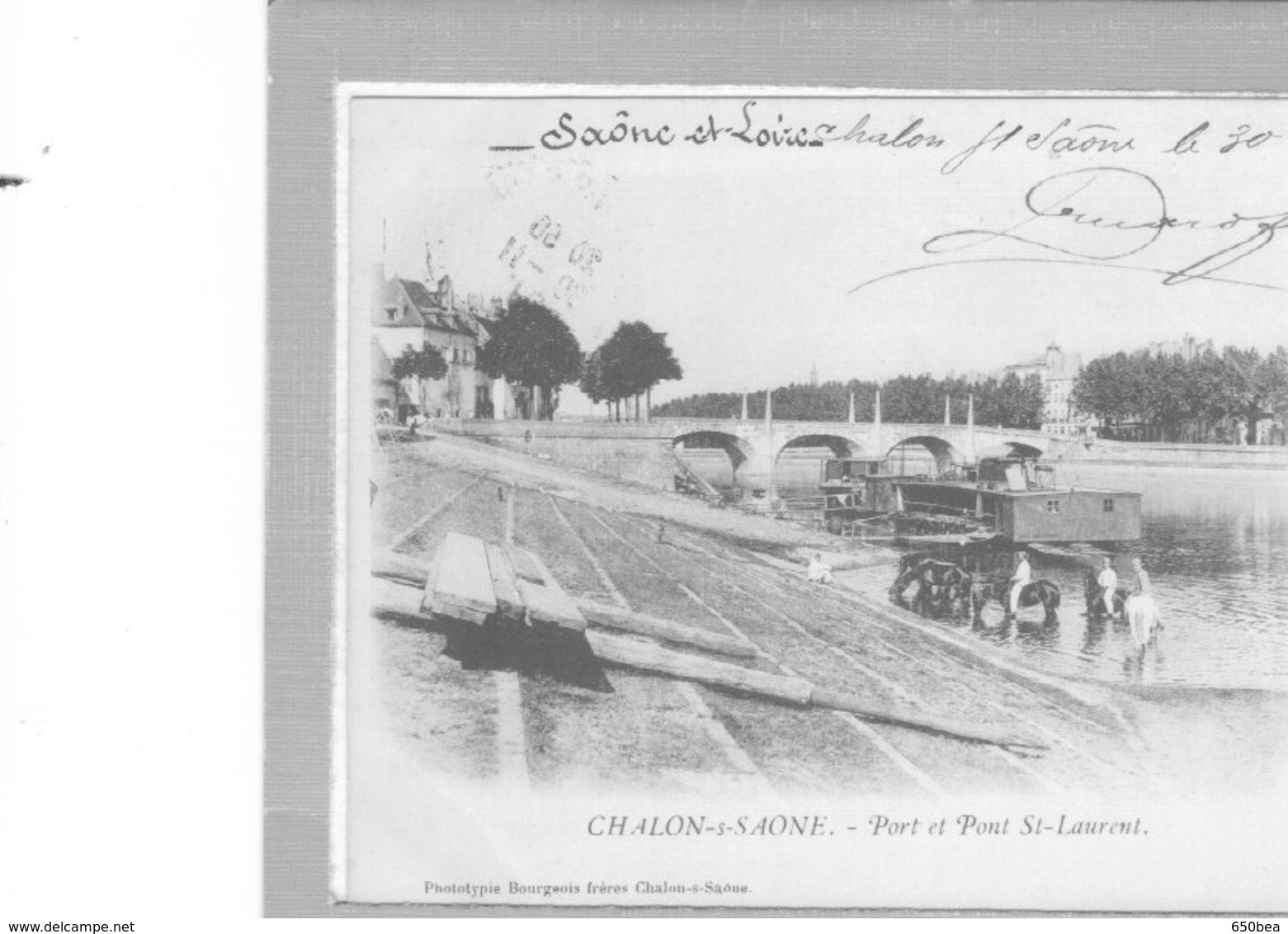 Chalon Sur Saône.Port Et Pont St Laurent.Animée.Chevaux Se Désaltérant.Une Platte. - Chalon Sur Saone