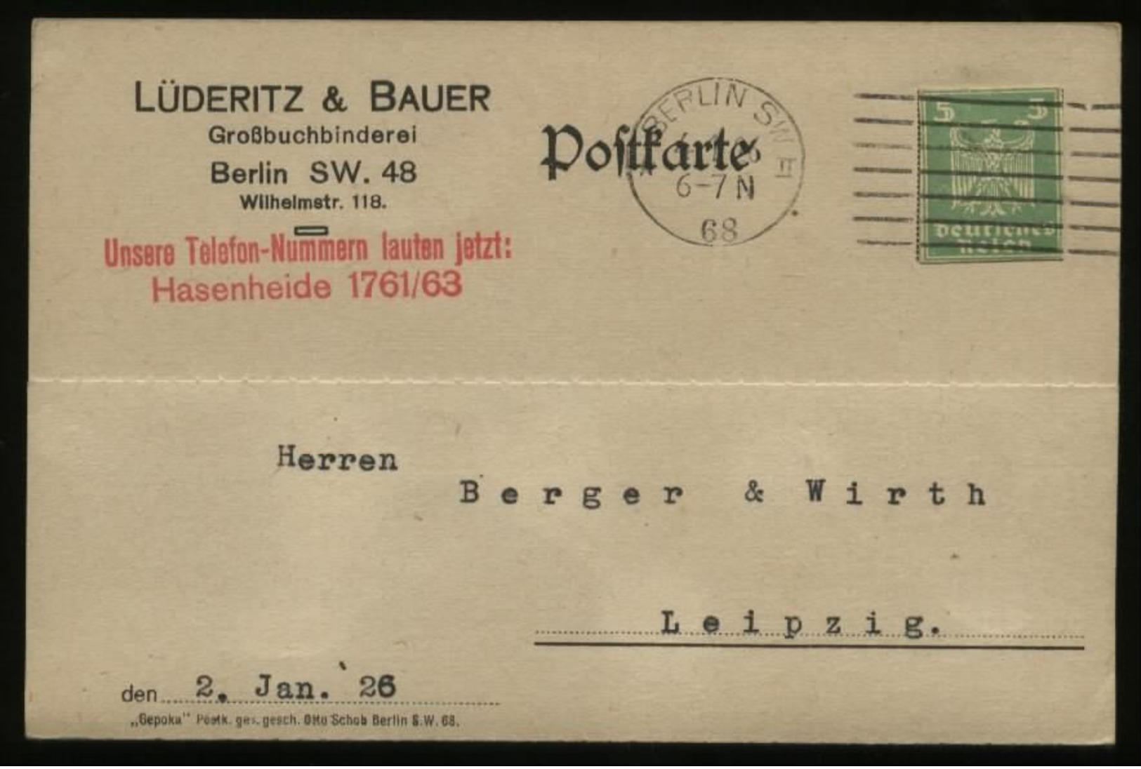 S2366 DR Werbe Postkarte Mit GS Ausschnitt: Gebraucht Berlin - Leipzig 1926, Bedarfserhaltung. - Briefe U. Dokumente