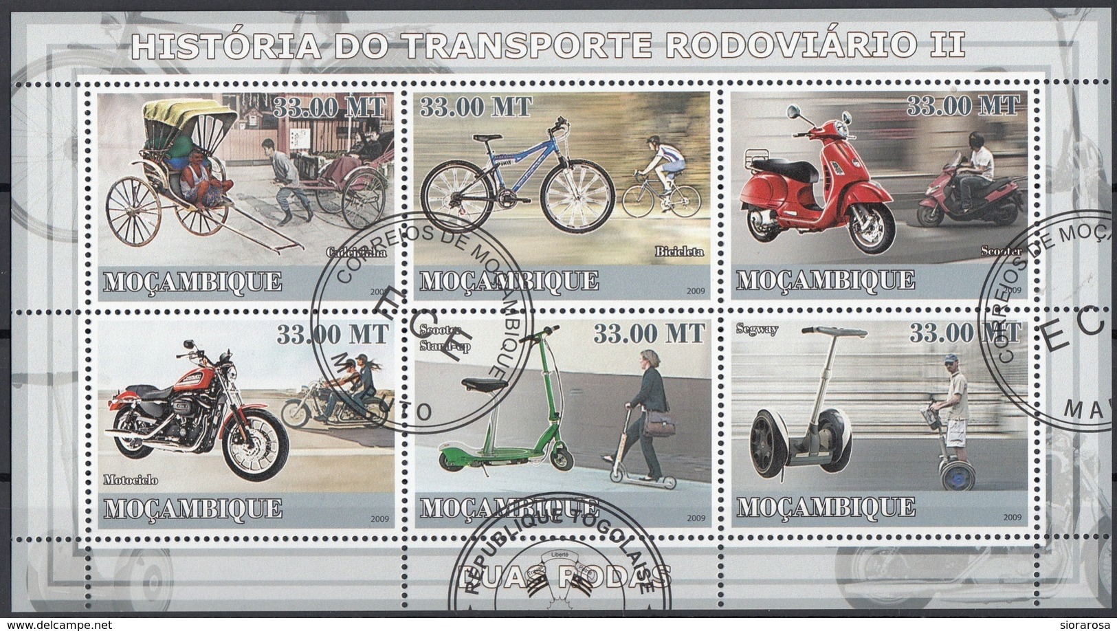 Mozambico 2009 Sc. 1821a/f Two-wheeled Transportalion Rickshaw Moto Bicicletta Scooter Segway Sheet Perf. Cto Mozambique - Mozambico