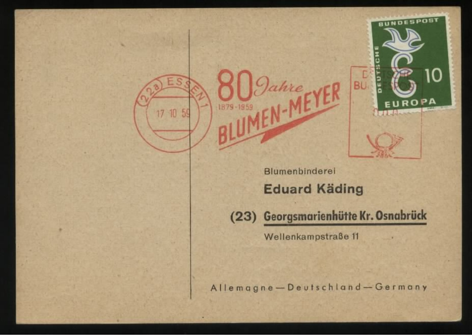 S2114 BRD ,Firmenkarte Europa CEPT + Freistempel,gebraucht Essen - Georgsmarienhütte 1959, Bedarfserhaltung. - Lettres & Documents