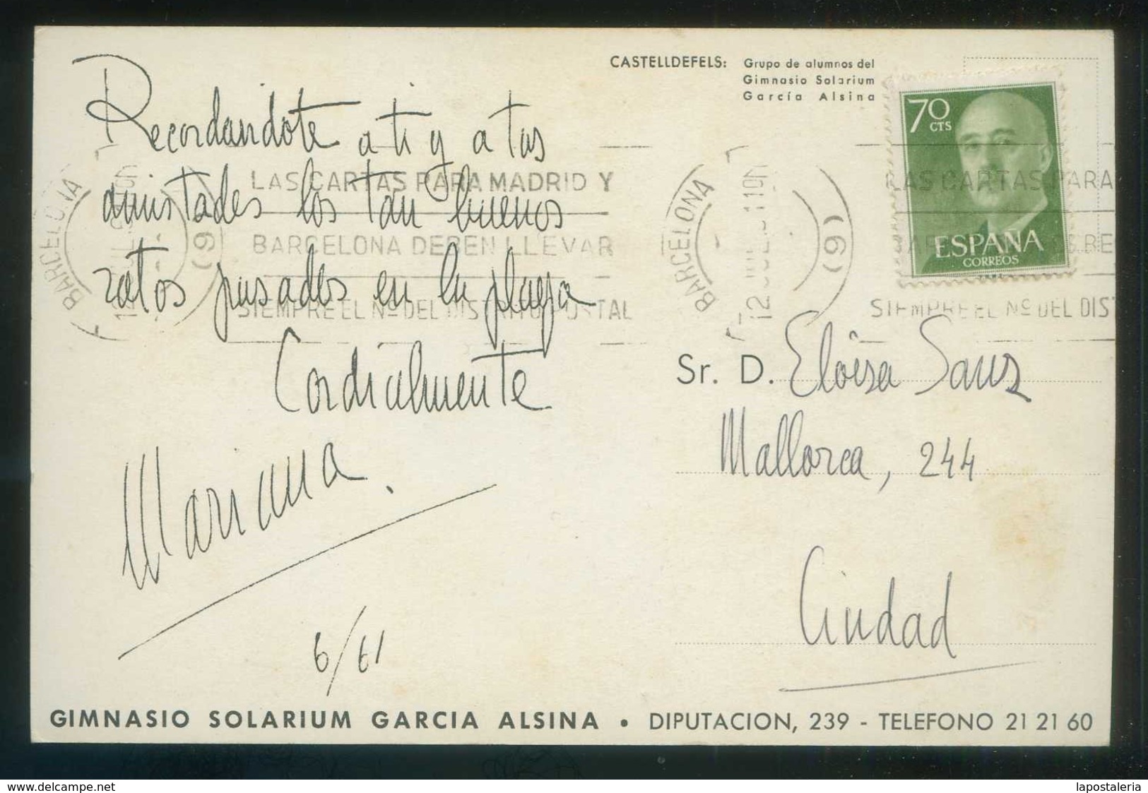 Barcelona. *Castelldefels. Gimnasio García Alsina* Circulada 1961. - Otros & Sin Clasificación