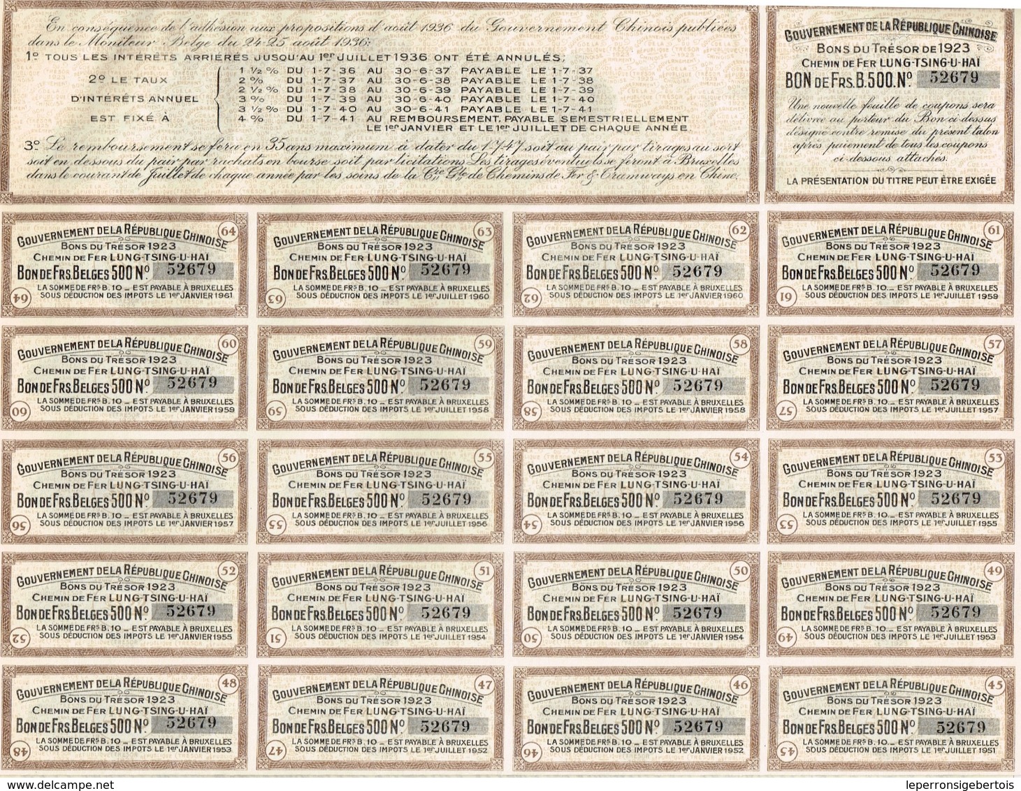 Obligation  - Gouvernement De La République Chinoise - Bon Du Trésor 8% De 1923 - Chemin De Fer De Lung-Tsing-U-Haî - Asie