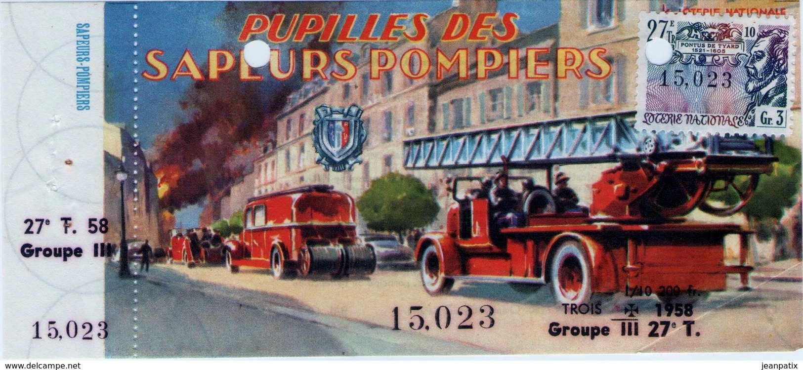 Billet De Loterie Nationale, Pupilles Des Sapeurs Pompiers , 1958, (timbre 1958, 27ème Tranche) - Billets De Loterie