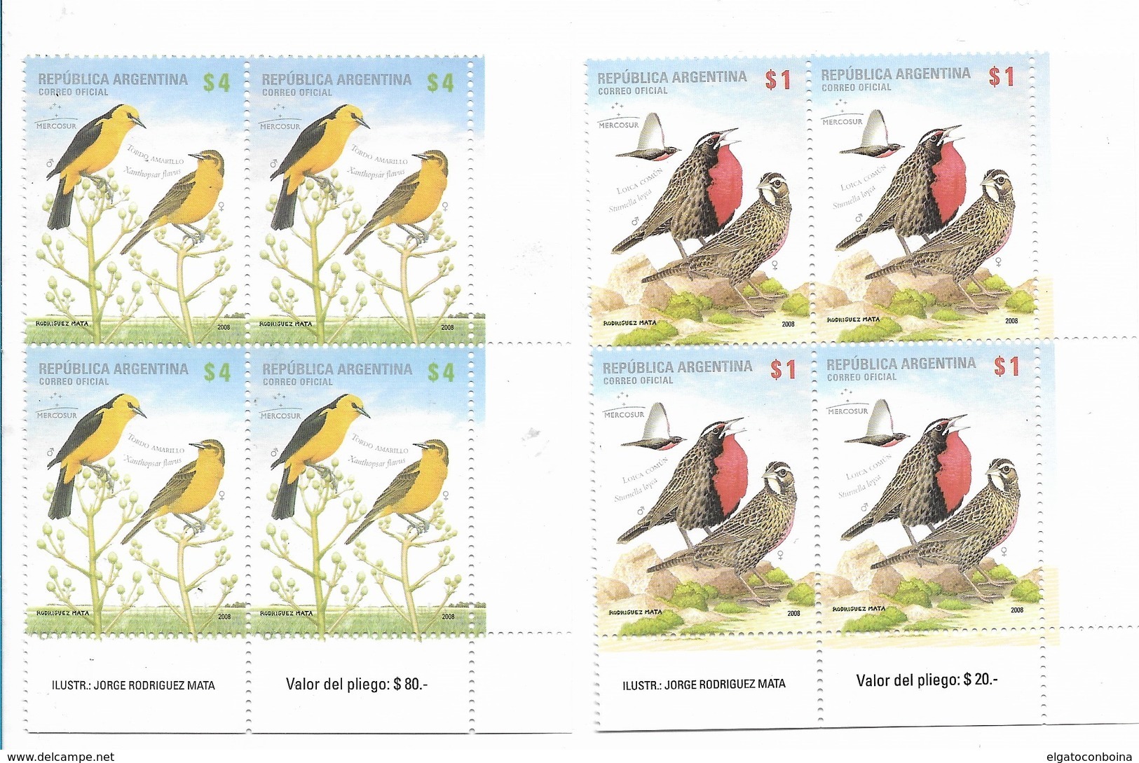 ARGENTINA 2008, BIRDS, MERCOSUR 2008, FAUNA, VOGEL, OISEUX, SET OF 2 VALUES IN BLOCKS, SCOTT 2479-80 - Unused Stamps