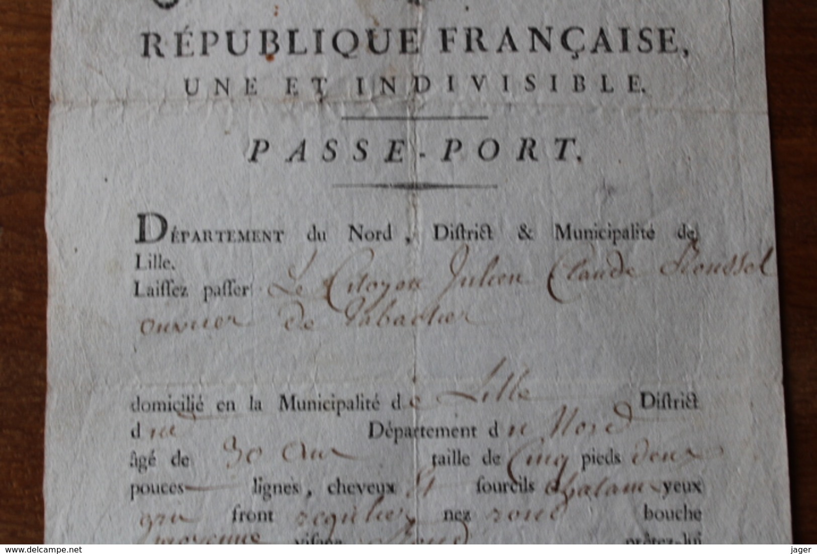 Passe Port 1794 Municipité De Lille                                                                                    U - Historische Documenten