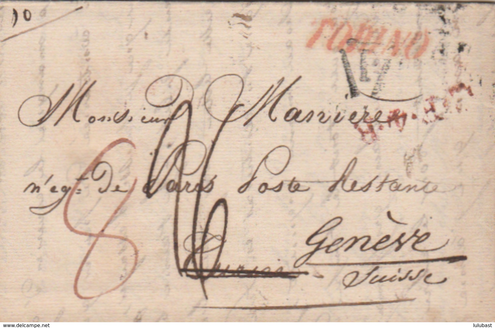 Lettre De Paris Pour Turin(Poste Restante) Redirigée Vers Genève ( M.P."Torino") Chgt De Taxe +dateur D'arrivée Au Verso - 1801-1848: Précurseurs XIX