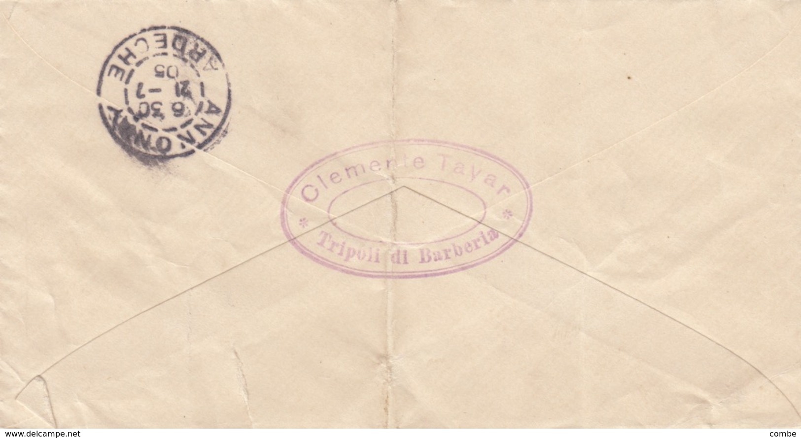 LETTRE. COVER. FRANCE. 1905. FRENCH COLONY. REGISTERED PRIVISORY. CLEMENTE TAYAR TRIPOLI BARBARIE TO ANNONAY FRANCE /  4 - Autres & Non Classés