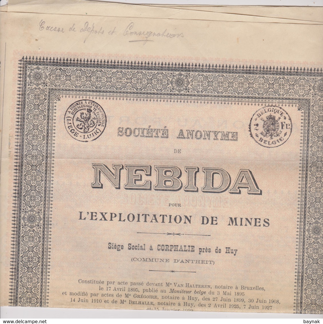 BELGIE , CORPHALIE PRES DE HUY  ~  OBLIGATION, SHARE, ACTION    --   NEBIDA  ~   EXPLOITATION DE MINES - Bergbau