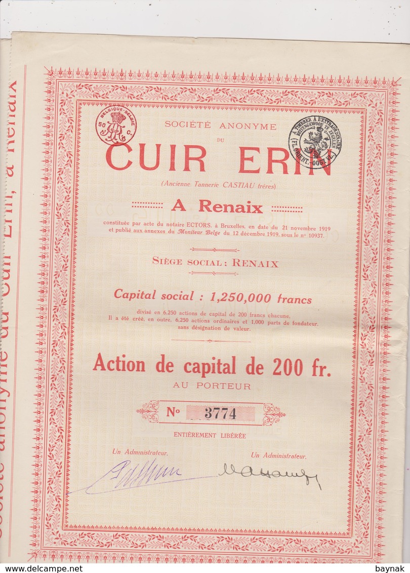 BELGIE , RENAIX  ~  OBLIGATION, SHARE, ACTION    --   CUIR ERIN  ~   TANNERIE   ~  No.  3774 - Industrie