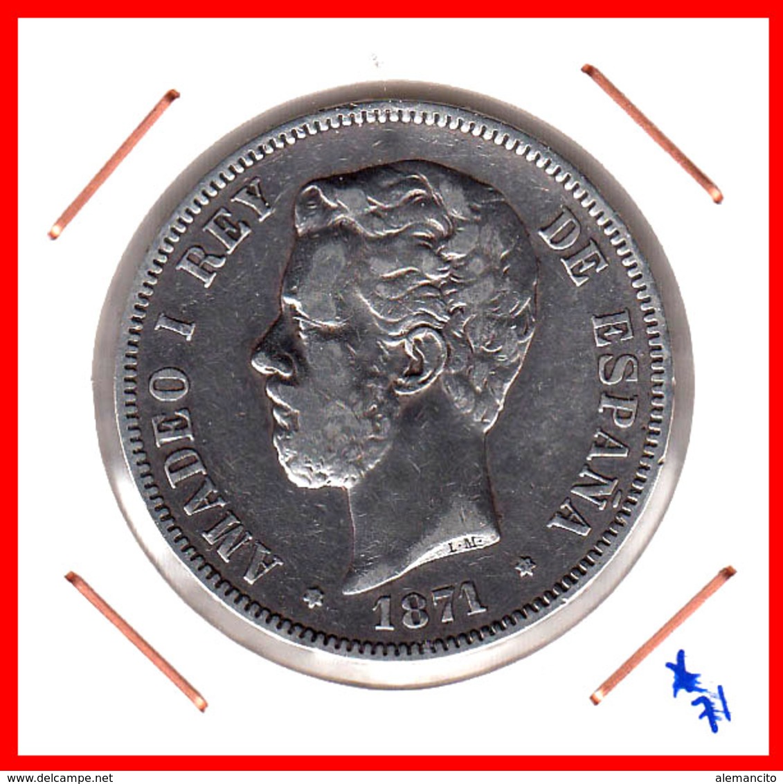 ESPAÑA MONEDA DE (( AMADEO I REY DE ESPAÑA MONEDA DE PLATA )) 5 PESETAS ( EL DURO ) AÑO 1871 * 71 - Primeras Acuñaciones