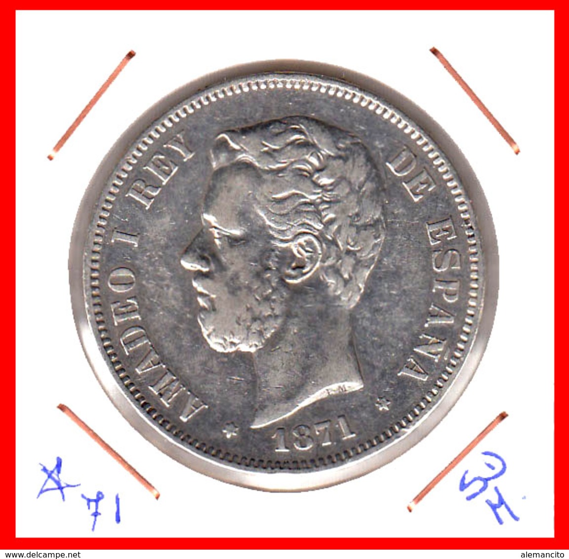 ESPAÑA MONEDA DE (( AMADEO I REY DE ESPAÑA MONEDA DE PLATA )) 5 PESETAS ( EL DURO ) AÑO 1871 * 71 - Primi Conii