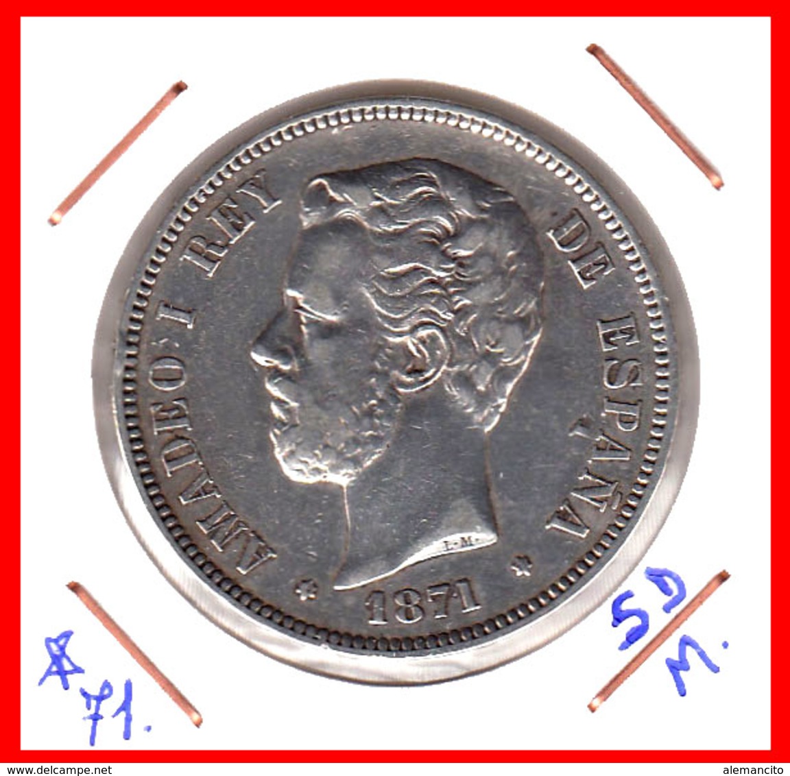 ESPAÑA MONEDA DE (( AMADEO I REY DE ESPAÑA MONEDA DE PLATA )) 5 PESETAS ( EL DURO ) AÑO 1871 * 71 - Primeras Acuñaciones