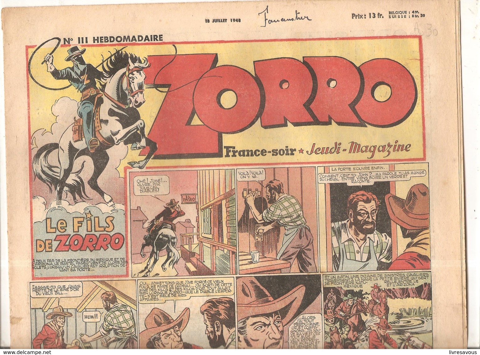 Zorro Hebdomadaire N°111 Du 18 Juillet 1948 Le Fils De Zorro - Zorro