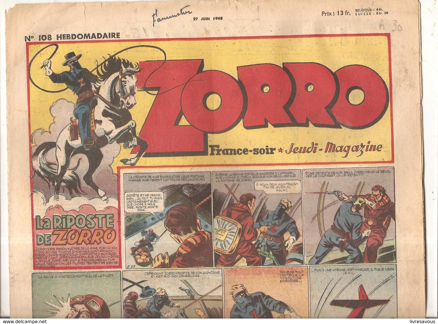 Zorro Hebdomadaire N°108 Du 27 Juin 1948 La Riposte De Zorro - Zorro