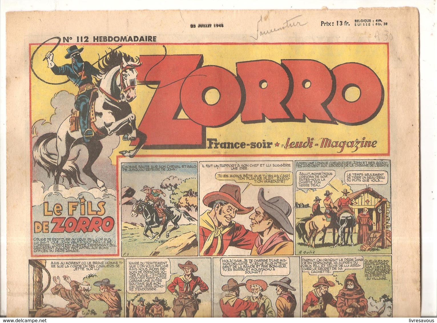 Zorro Hebdomadaire N°112 Du 25 Juillet 1948 Le Fils De Zorro - Zorro