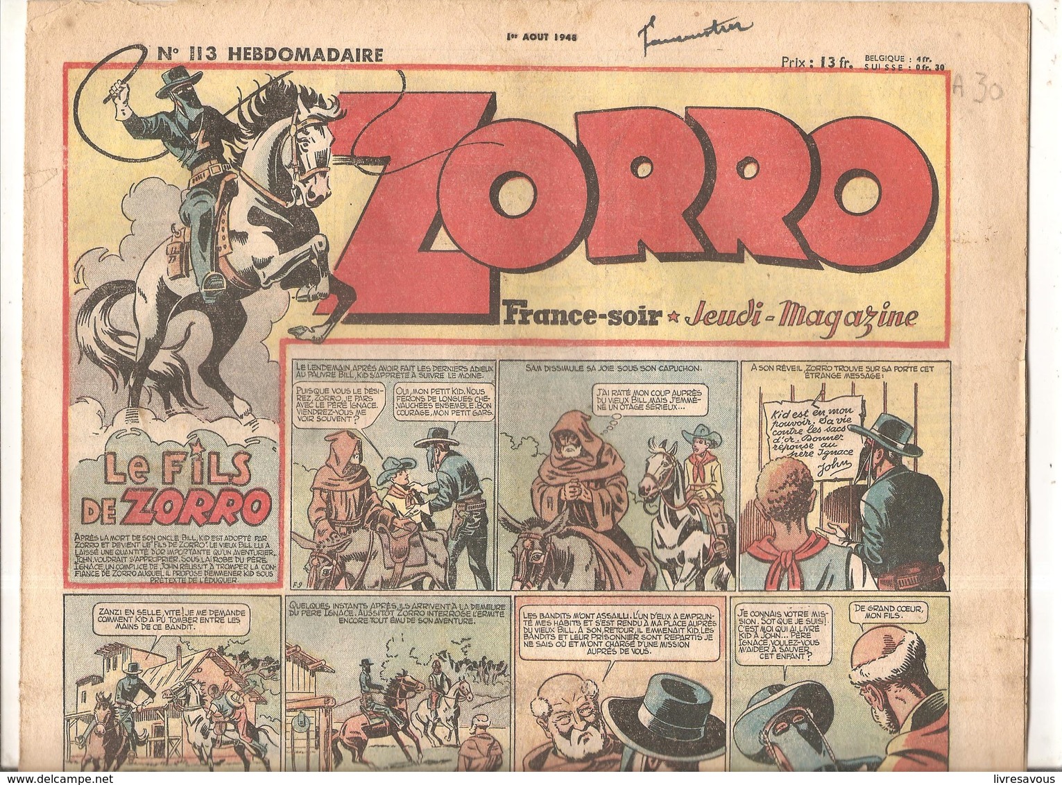 Zorro Hebdomadaire N°113 Du 1er Août 1948 Le Fils De Zorro - Zorro