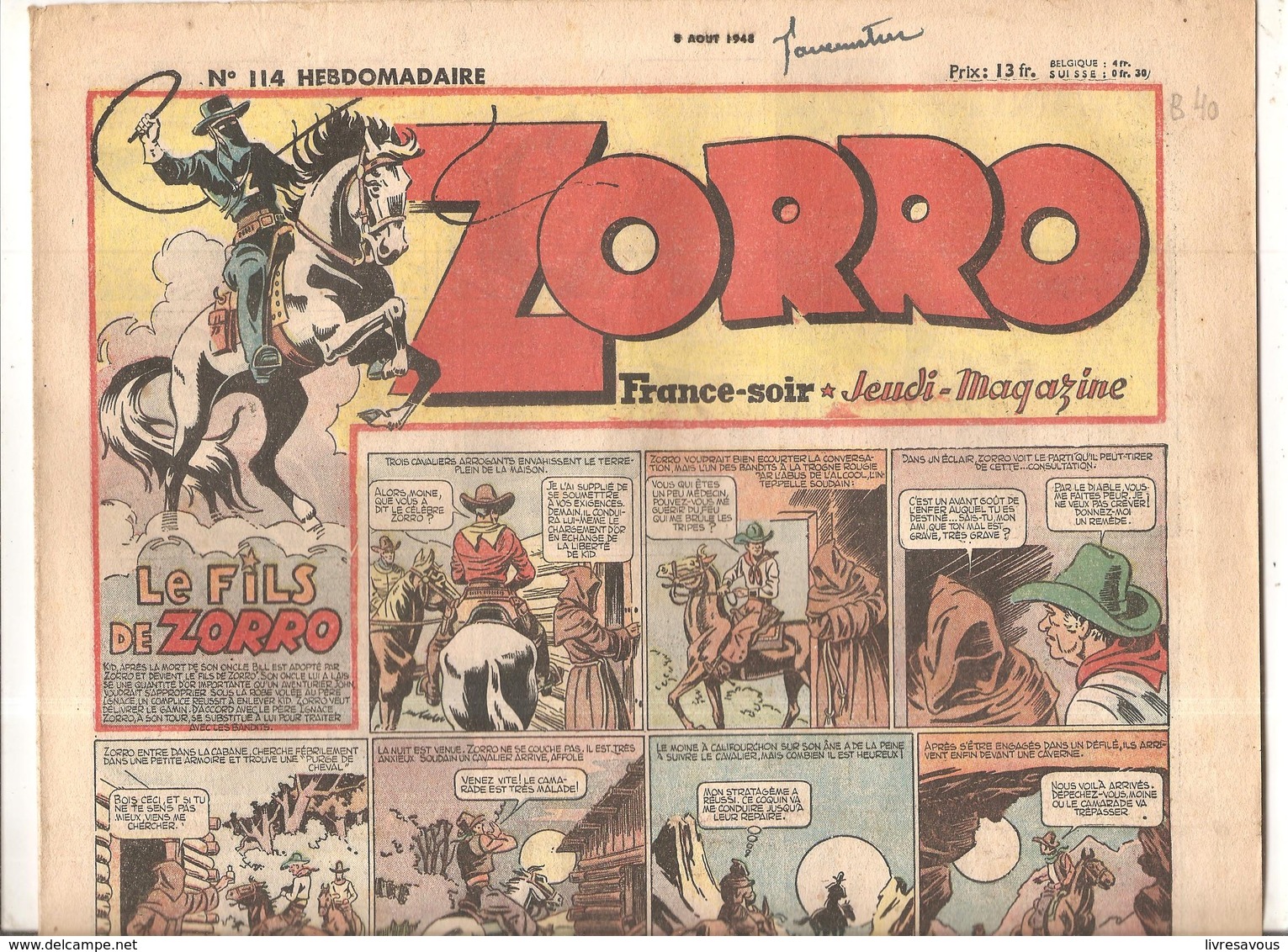Zorro Hebdomadaire N°114 Du 8 Août 1948 Le Fils De Zorro - Zorro