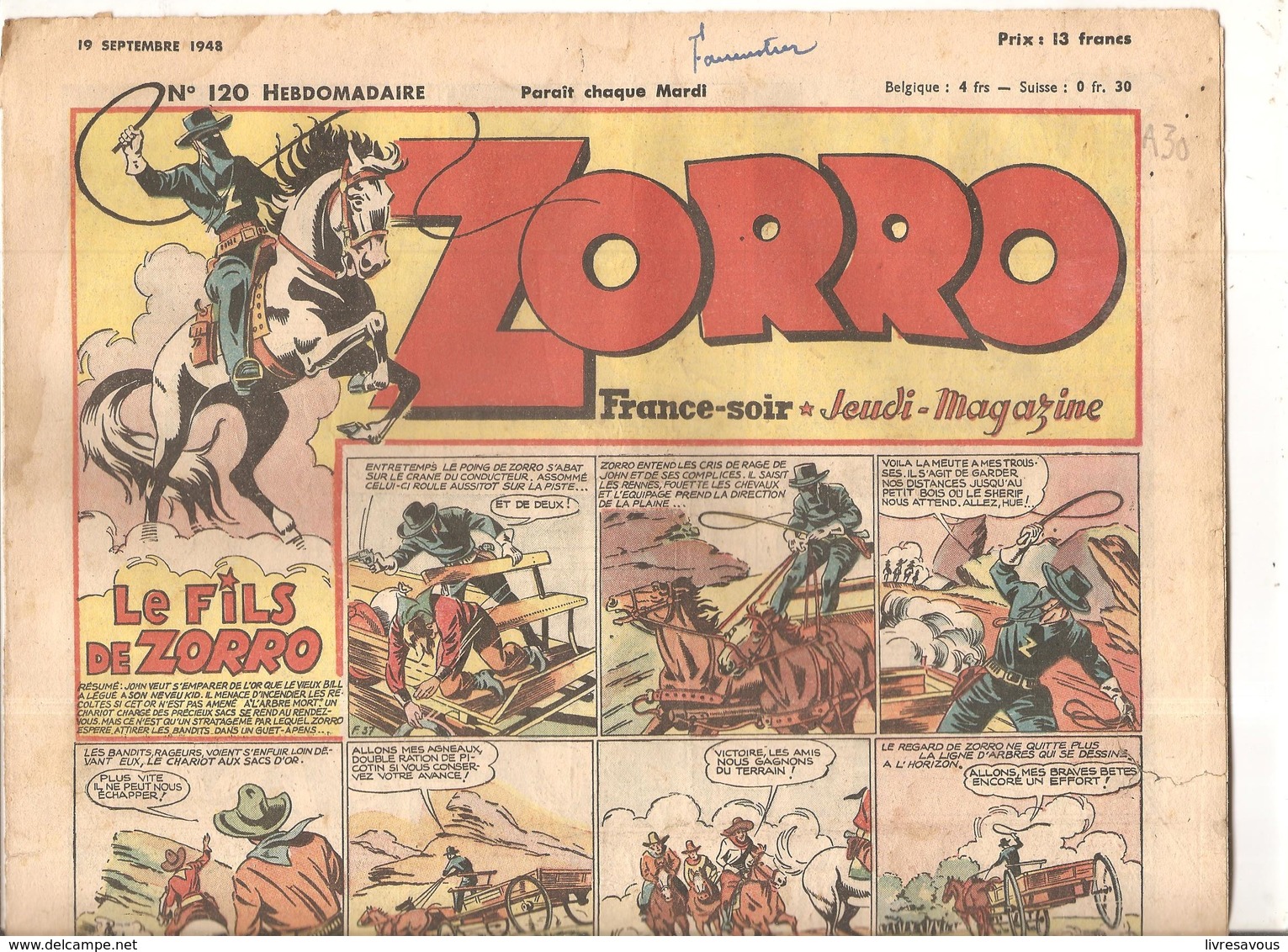 Zorro Hebdomadaire N°120 Du 19 Septembre 1948 Le Fils De Zorro - Zorro