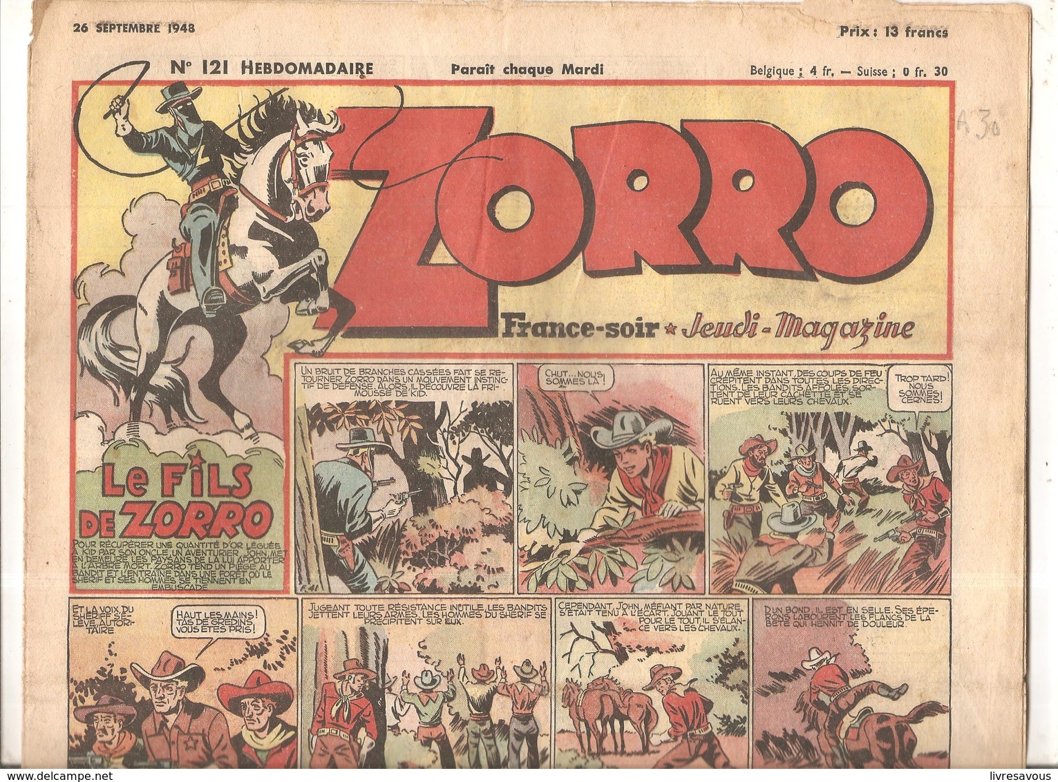 Zorro Hebdomadaire N°121 Du 26 Septembre 1948 Le Fils De Zorro - Zorro