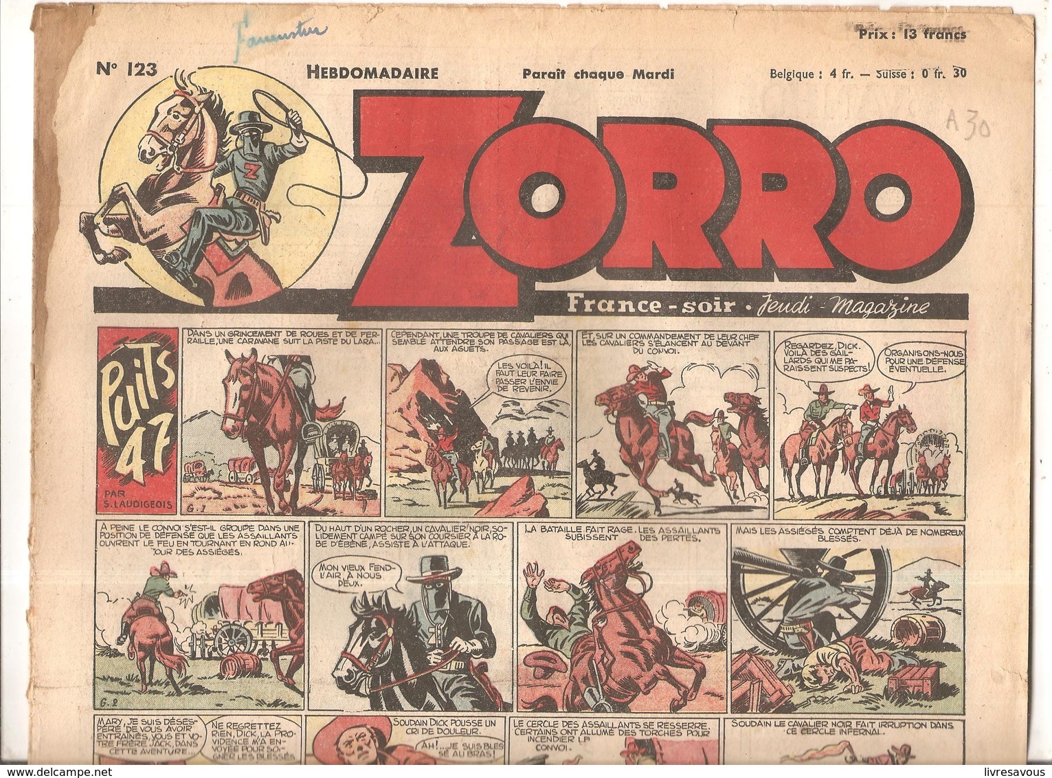 Zorro Hebdomadaire N°123 Du 10 Octobre 1948 Puits 47 - Zorro