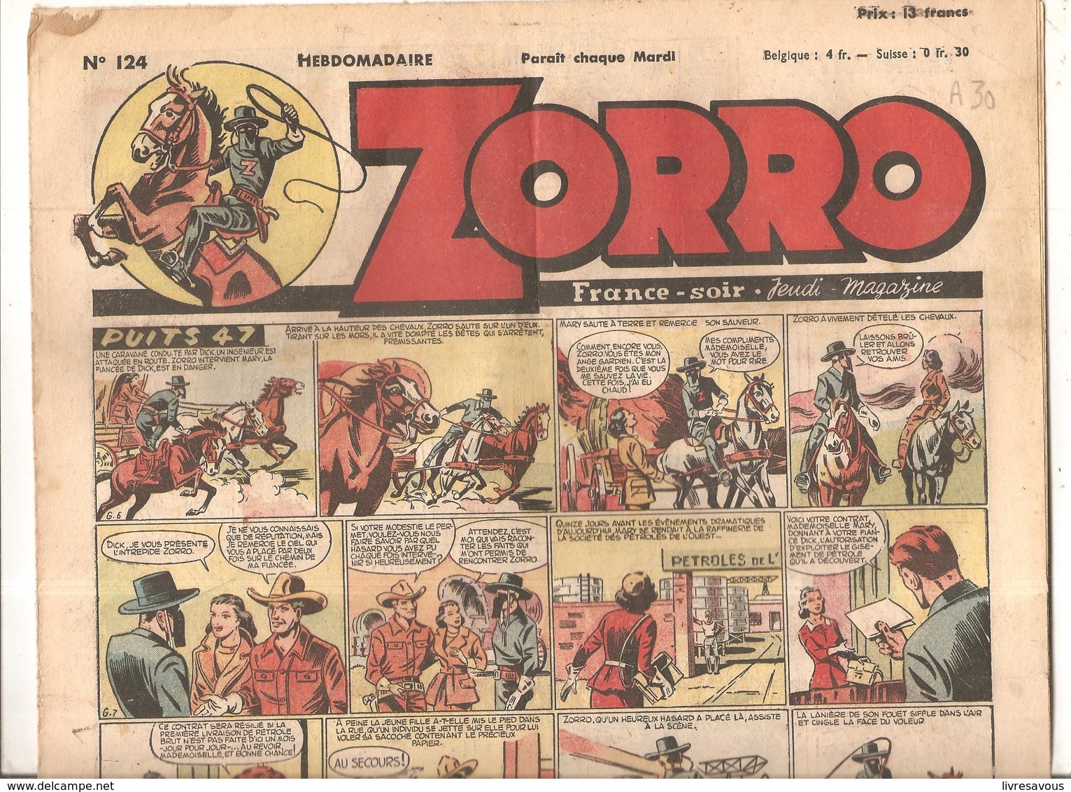 Zorro Hebdomadaire N°124 Du 24 Octobre 1948 Puits 47 - Zorro