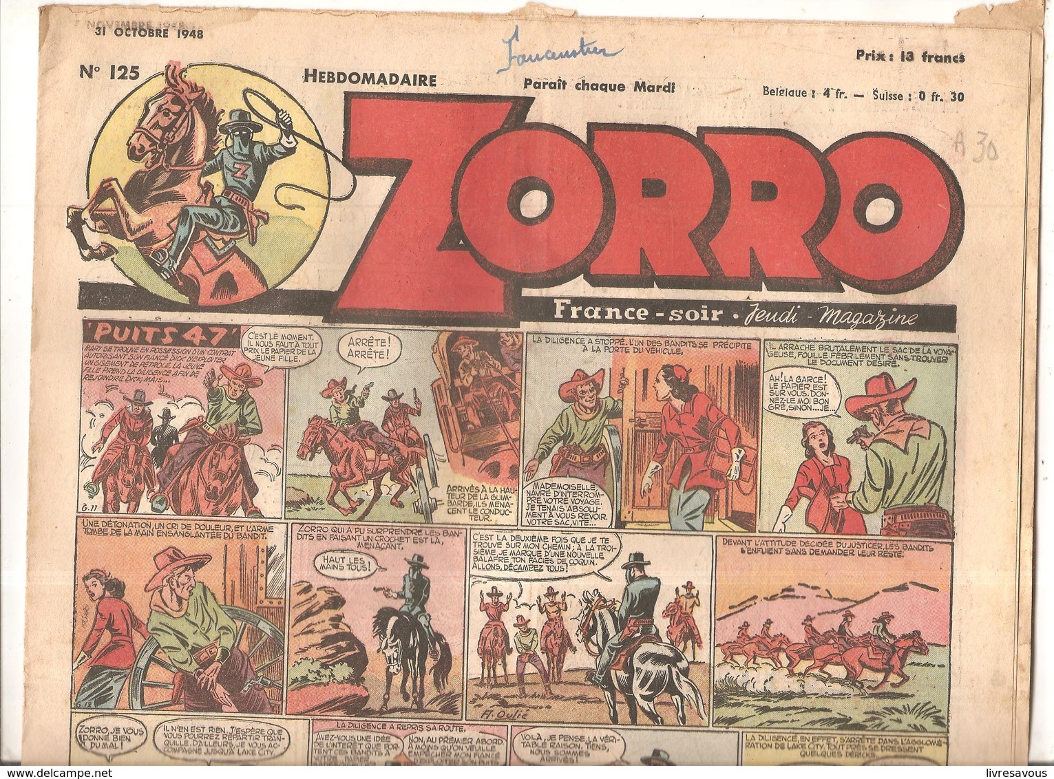 Zorro Hebdomadaire N°125 Du 31 Octobre 1948 Puits 47 - Zorro